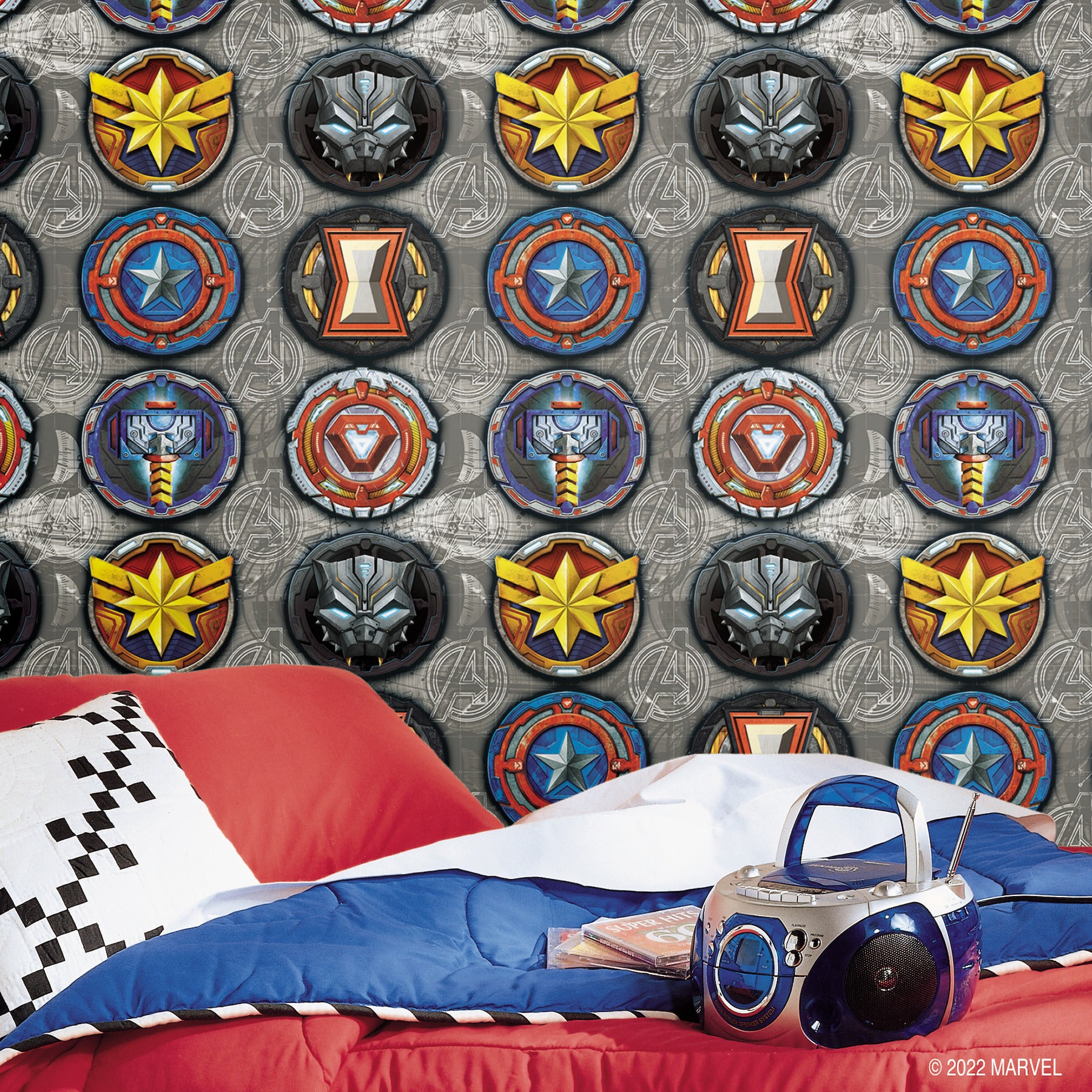 Avengers Emblems Peel and Stick Wallpaper in a room setting