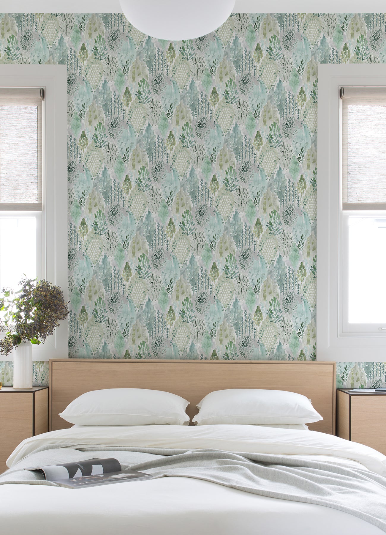 Watercolor Tree Mosaic P&S Wallpaper in a room setting