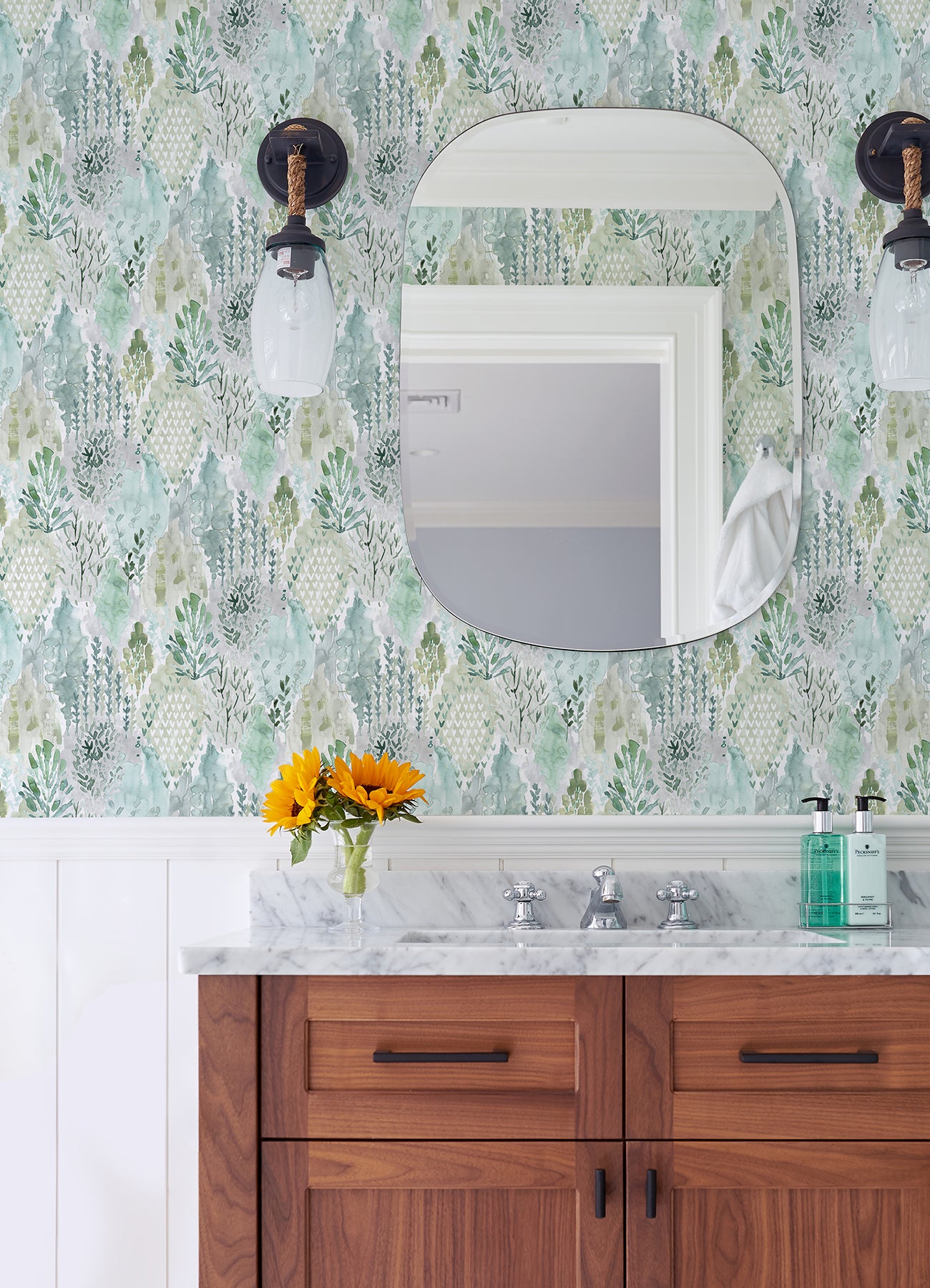 Watercolor Tree Mosaic P&S Wallpaper in a room setting