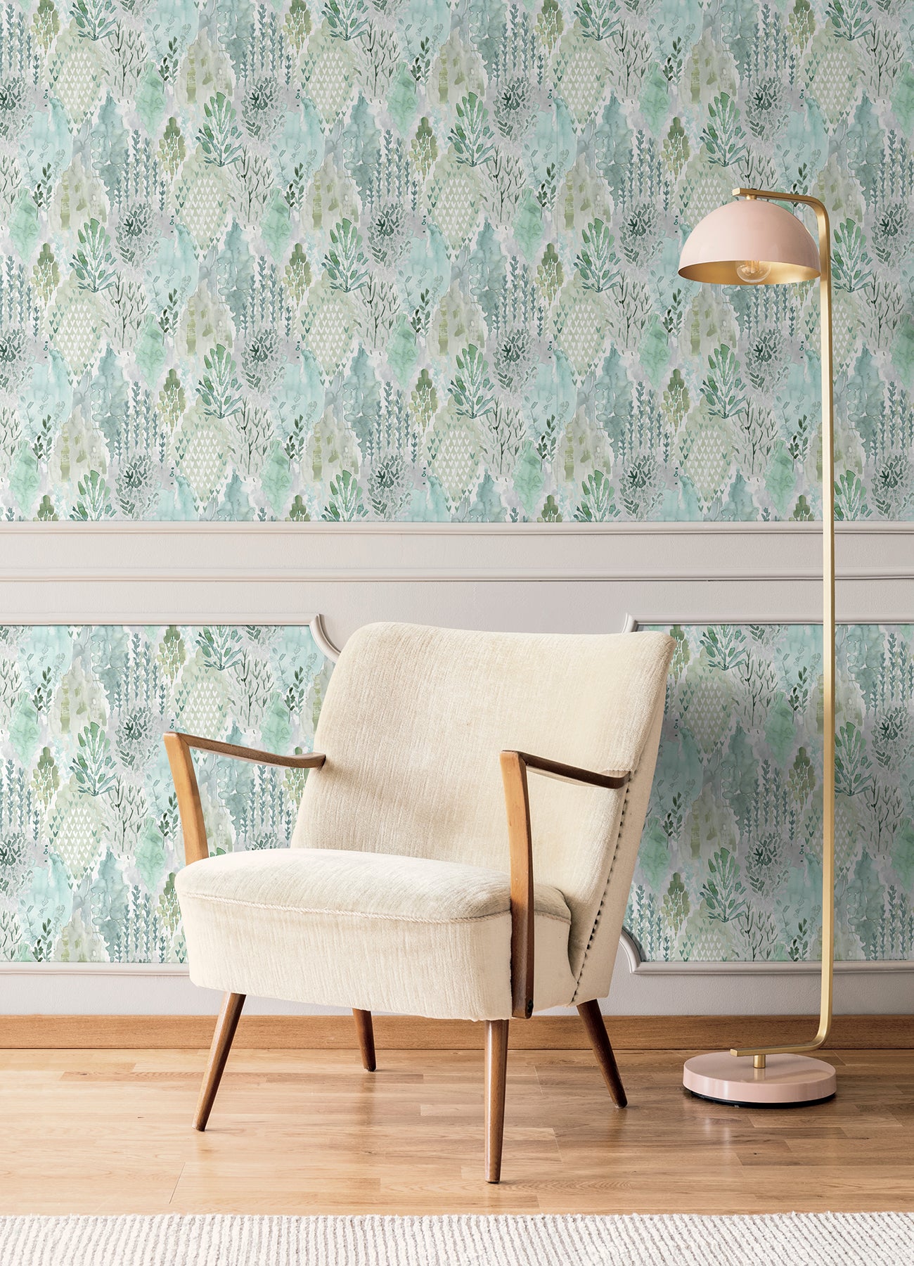 Watercolor Tree Mosaic P&S Wallpaper in a room setting