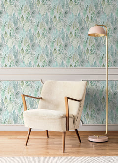 Watercolor Tree Mosaic P&S Wallpaper in a room setting