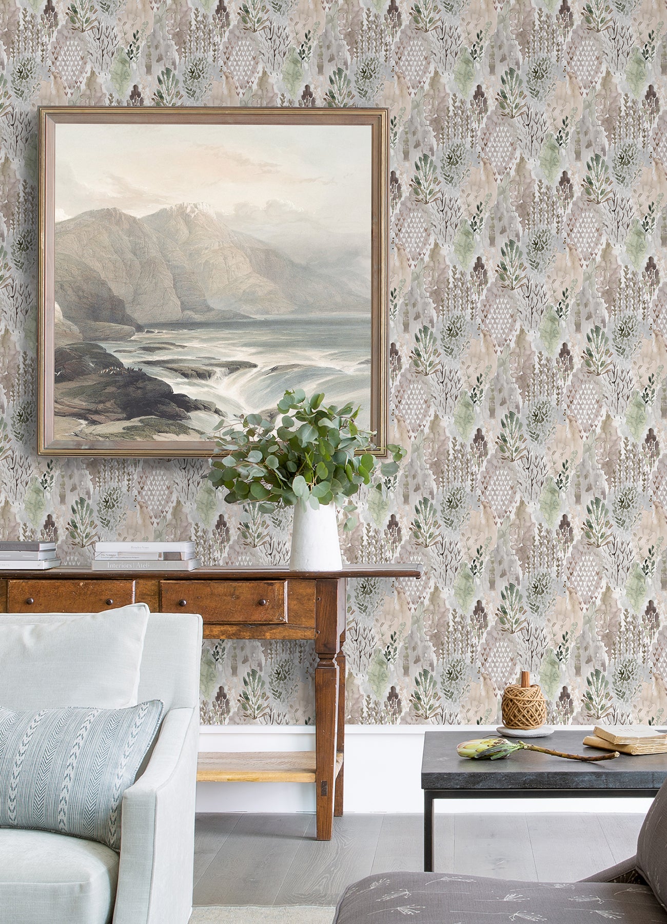 Watercolor Tree Mosaic P&S Wallpaper in a room setting