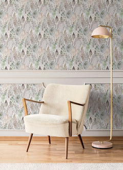 Watercolor Tree Mosaic P&S Wallpaper in a room setting