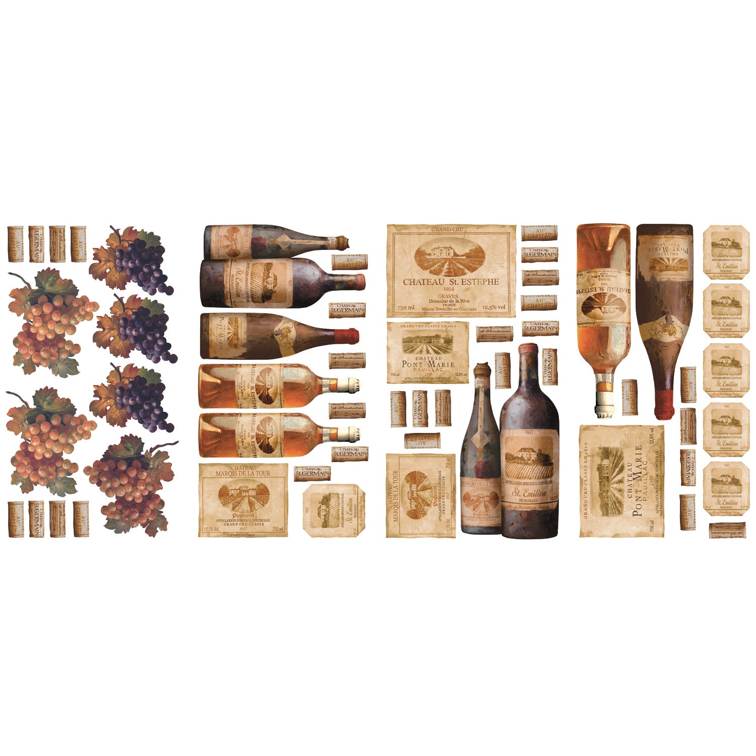 WallPops Wine Tasting Wall Decals package comes with 56 charming peel and stick decals featuring a delightful wine and kitchen motif. The sample image shows bottles, jars, and glasses arranged artfully on a kitchen counter, making them a perfect match for rustic interiors. These easy-to-apply wall decals are visible through the packaging window, offering an ideal way to bring countryside charm to your space.