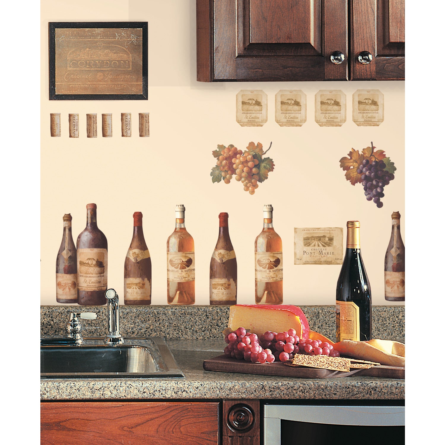 WallPops Wine Tasting Wall Decals package comes with 56 charming peel and stick decals featuring a delightful wine and kitchen motif. The sample image shows bottles, jars, and glasses arranged artfully on a kitchen counter, making them a perfect match for rustic interiors. These easy-to-apply wall decals are visible through the packaging window, offering an ideal way to bring countryside charm to your space.