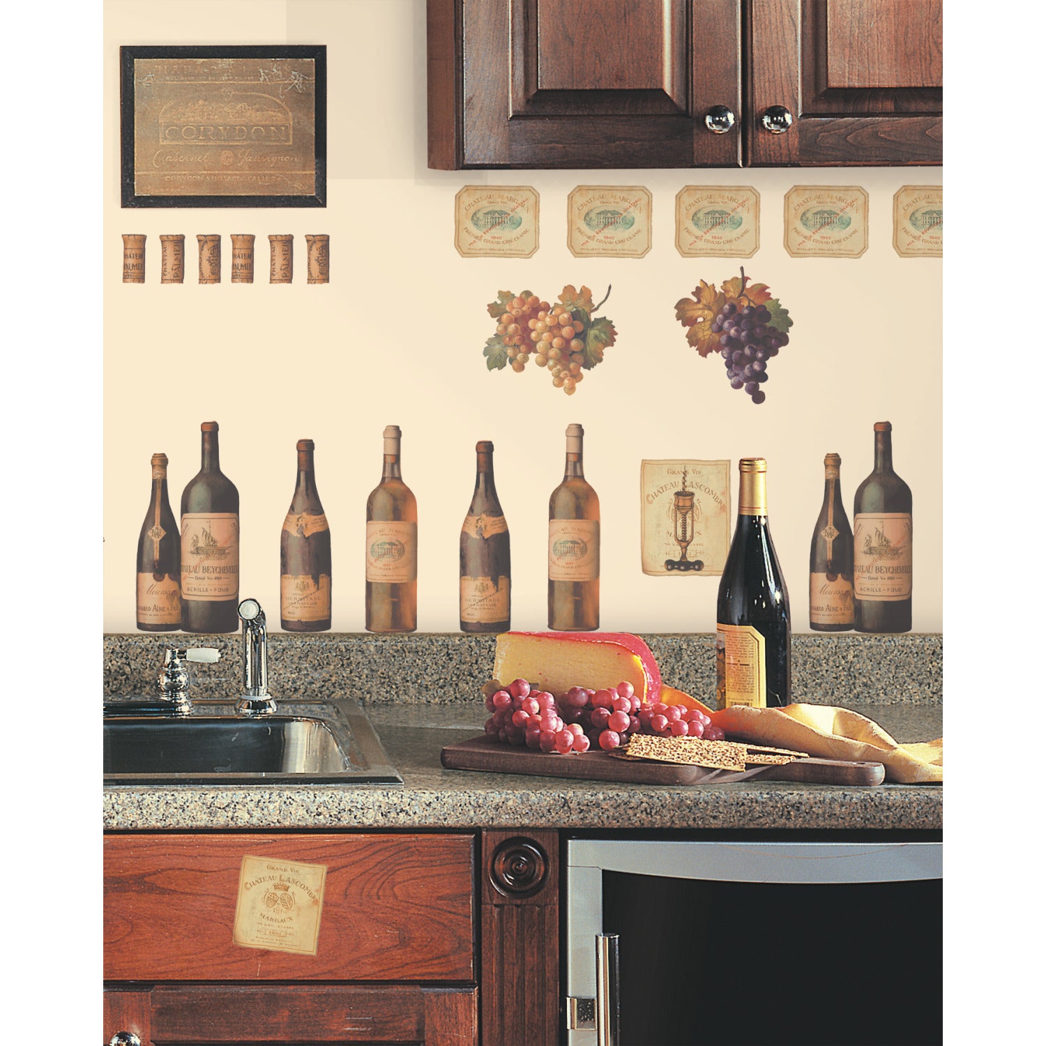 WallPops Wine Tasting Wall Decals package comes with 56 charming peel and stick decals featuring a delightful wine and kitchen motif. The sample image shows bottles, jars, and glasses arranged artfully on a kitchen counter, making them a perfect match for rustic interiors. These easy-to-apply wall decals are visible through the packaging window, offering an ideal way to bring countryside charm to your space.
