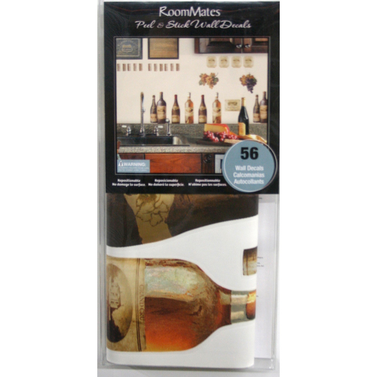 WallPops Wine Tasting Wall Decals package comes with 56 charming peel and stick decals featuring a delightful wine and kitchen motif. The sample image shows bottles, jars, and glasses arranged artfully on a kitchen counter, making them a perfect match for rustic interiors. These easy-to-apply wall decals are visible through the packaging window, offering an ideal way to bring countryside charm to your space.