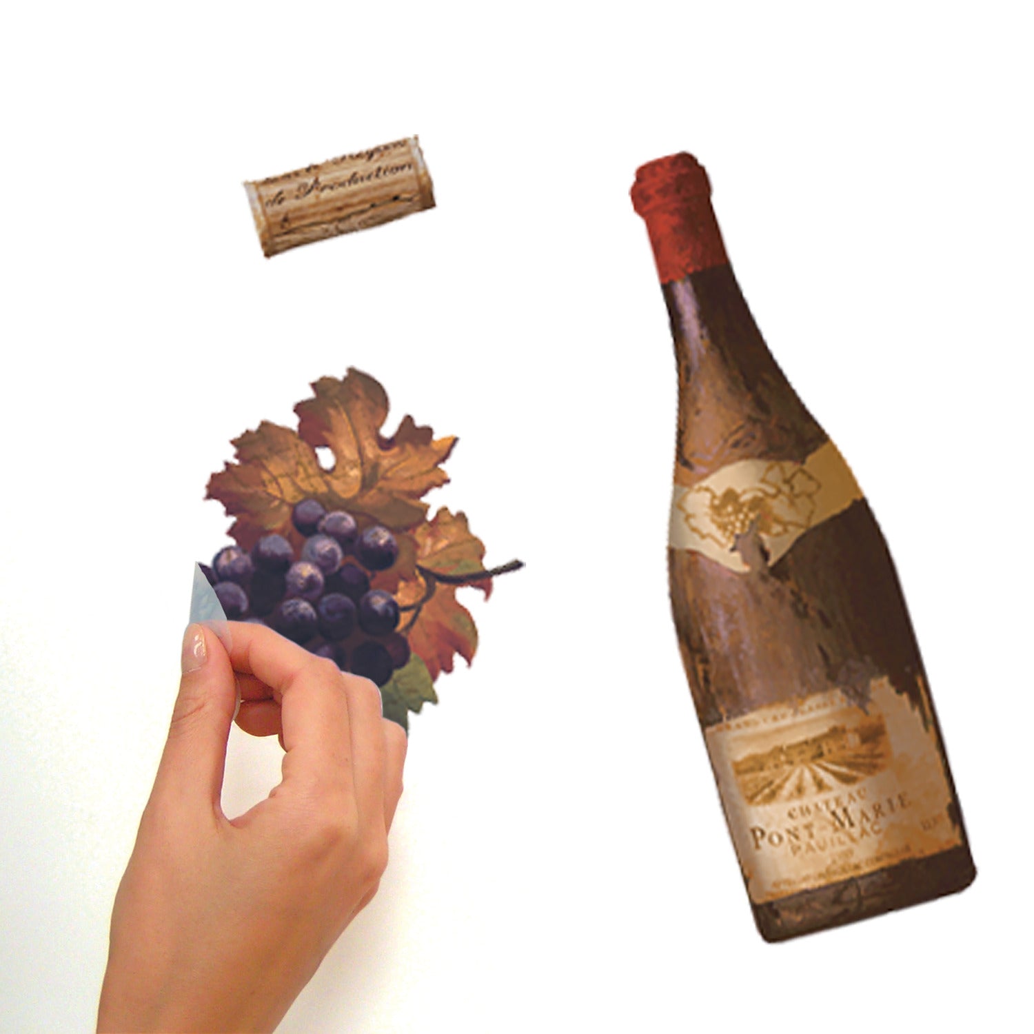 WallPops Wine Tasting Wall Decals package comes with 56 charming peel and stick decals featuring a delightful wine and kitchen motif. The sample image shows bottles, jars, and glasses arranged artfully on a kitchen counter, making them a perfect match for rustic interiors. These easy-to-apply wall decals are visible through the packaging window, offering an ideal way to bring countryside charm to your space.