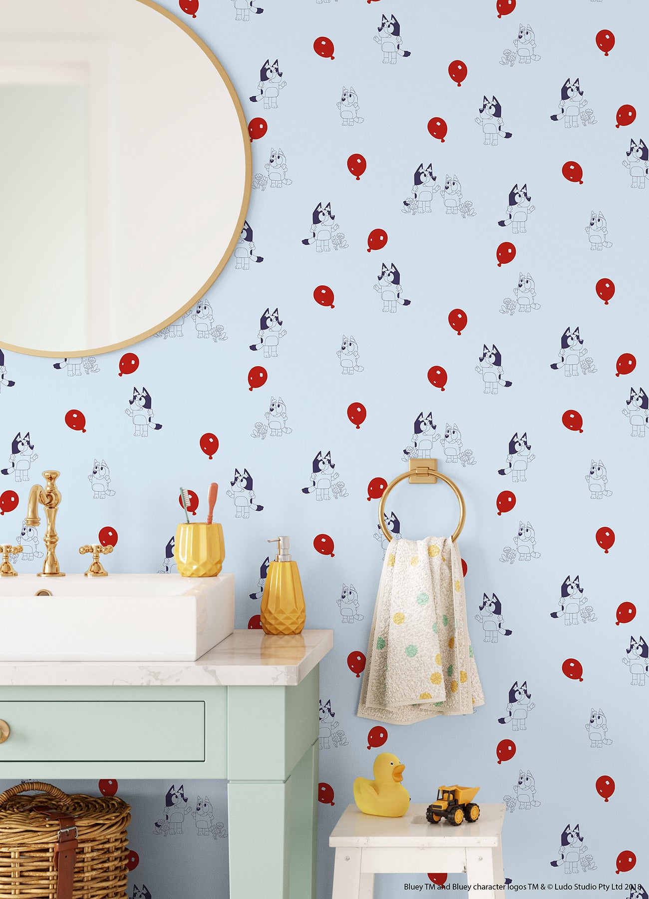 Bluey Keepy Uppy Peel and Stick Wallpaper in a room setting