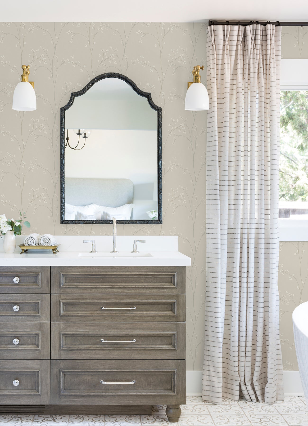 Blossom Stripe Black Peel & Stick Wallpaper in a room setting