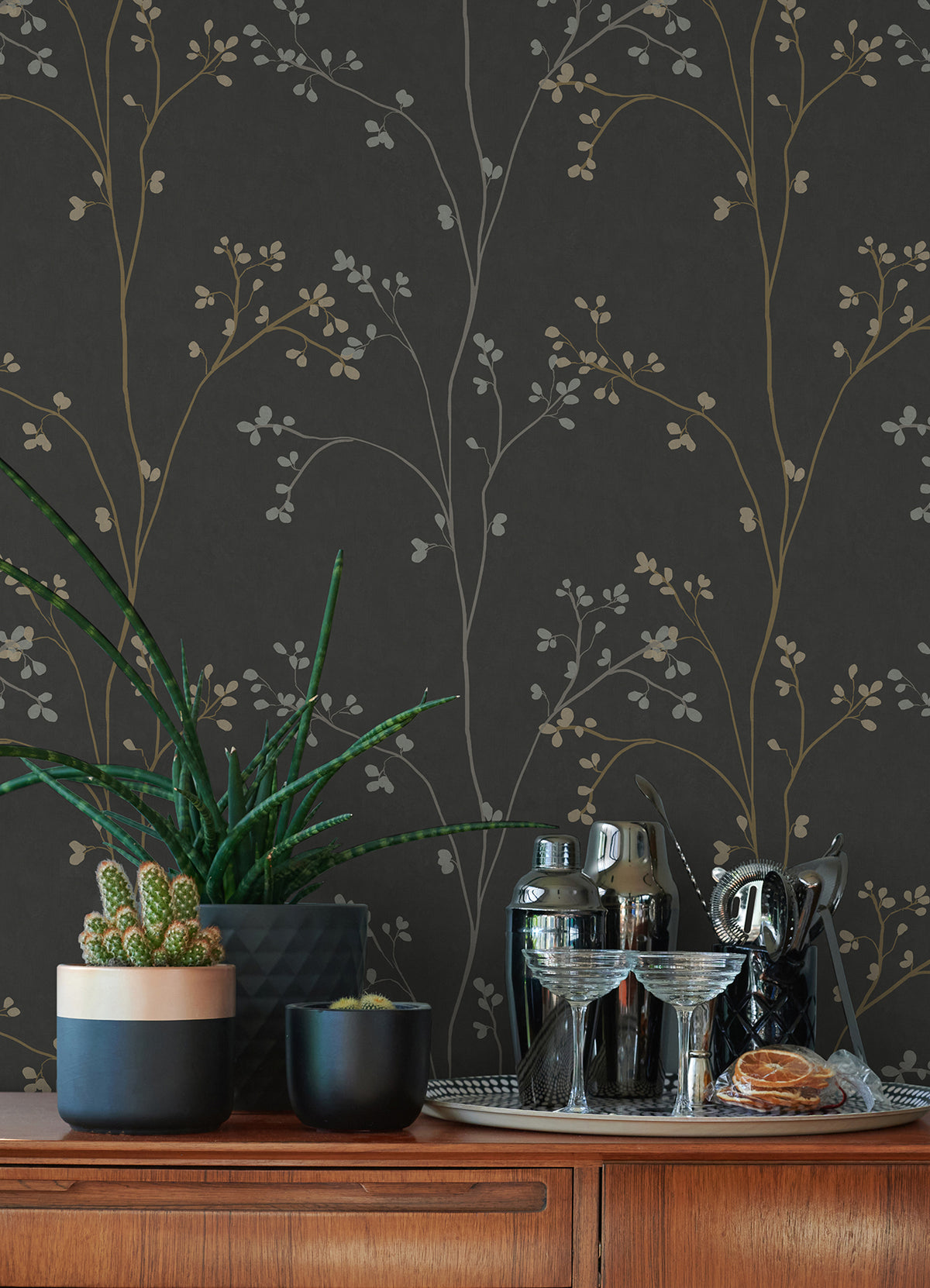 Blossom Stripe Black Peel & Stick Wallpaper in a room setting