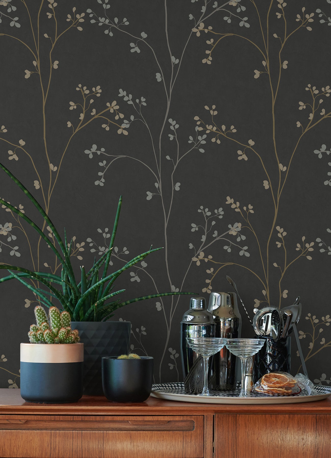 Blossom Stripe Black Peel & Stick Wallpaper in a room setting