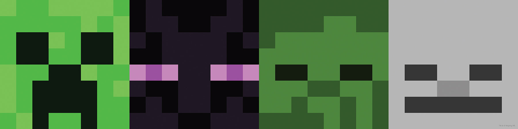 Minecraft Hostile Mobs Wall Decals feature pixel art of Creeper, Enderman with purple eyes, Zombie, and a gray Creeper face in a blocky minimalist style—ideal for decorating any Minecraft fan's space.