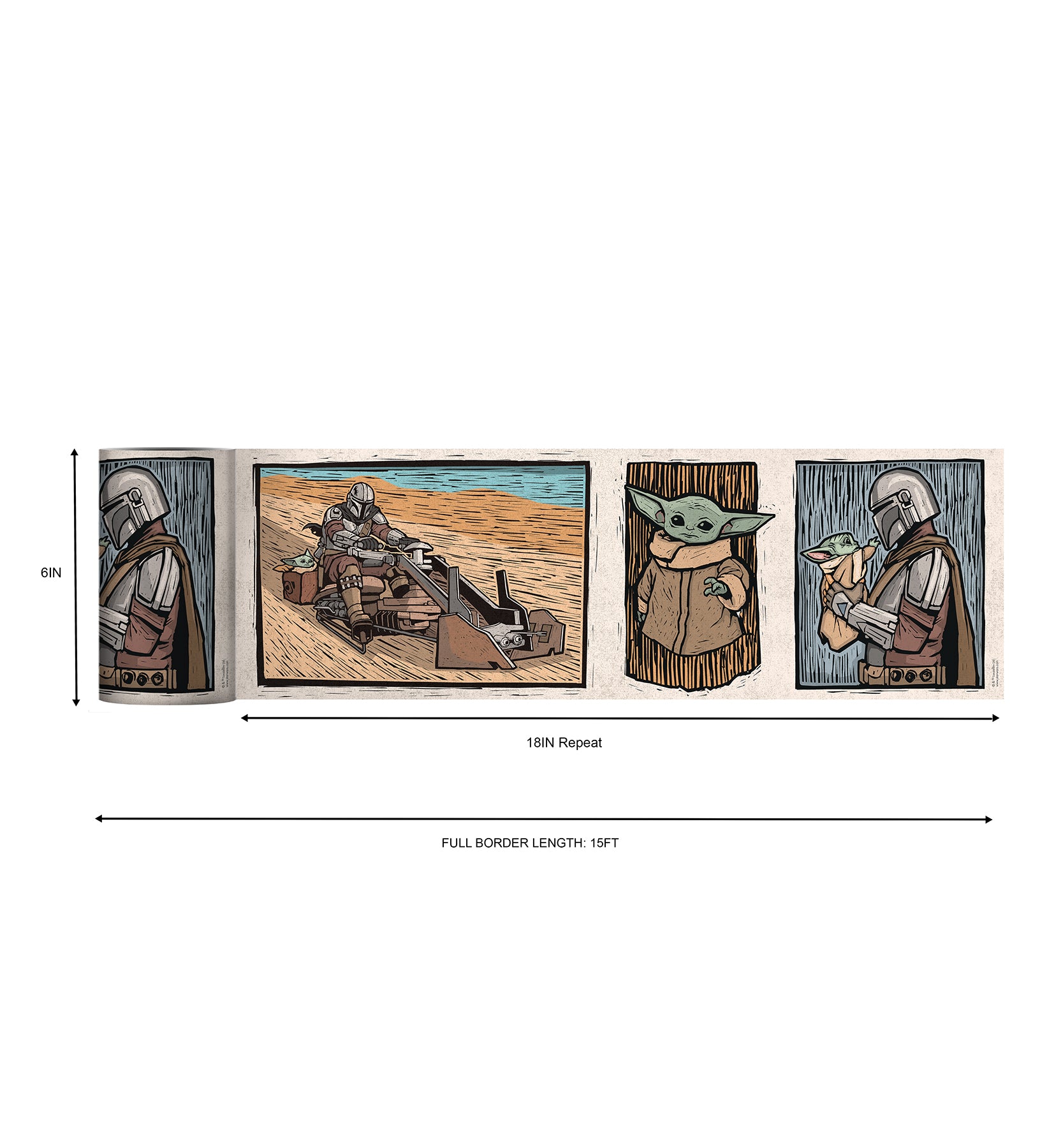 A white decorative rocket stands on a wooden shelf beside white books. Below are two beige storage bins. Behind, a light blue wall features a border of whimsical Star Wars The Mandalorian and Grogu linocut illustrations created with WallPops peel and stick wall decals. The scene is neatly arranged and playful.