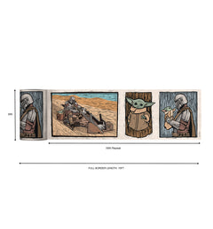 A white decorative rocket stands on a wooden shelf beside white books. Below are two beige storage bins. Behind, a light blue wall features a border of whimsical Star Wars The Mandalorian and Grogu linocut illustrations created with WallPops peel and stick wall decals. The scene is neatly arranged and playful.