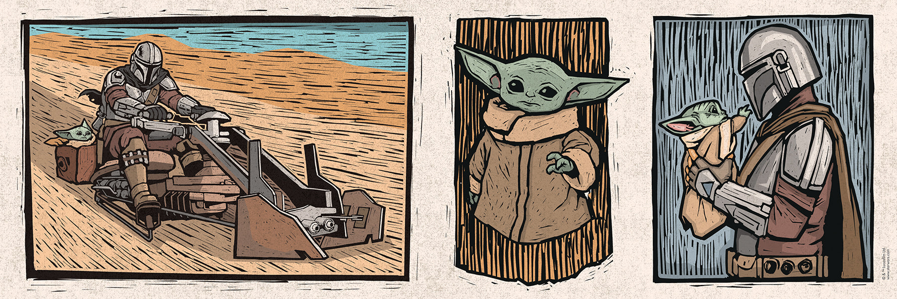 A white decorative rocket stands on a wooden shelf beside white books. Below are two beige storage bins. Behind, a light blue wall features a border of whimsical Star Wars The Mandalorian and Grogu linocut illustrations created with WallPops peel and stick wall decals. The scene is neatly arranged and playful.