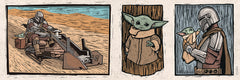 A white decorative rocket stands on a wooden shelf beside white books. Below are two beige storage bins. Behind, a light blue wall features a border of whimsical Star Wars The Mandalorian and Grogu linocut illustrations created with WallPops peel and stick wall decals. The scene is neatly arranged and playful.