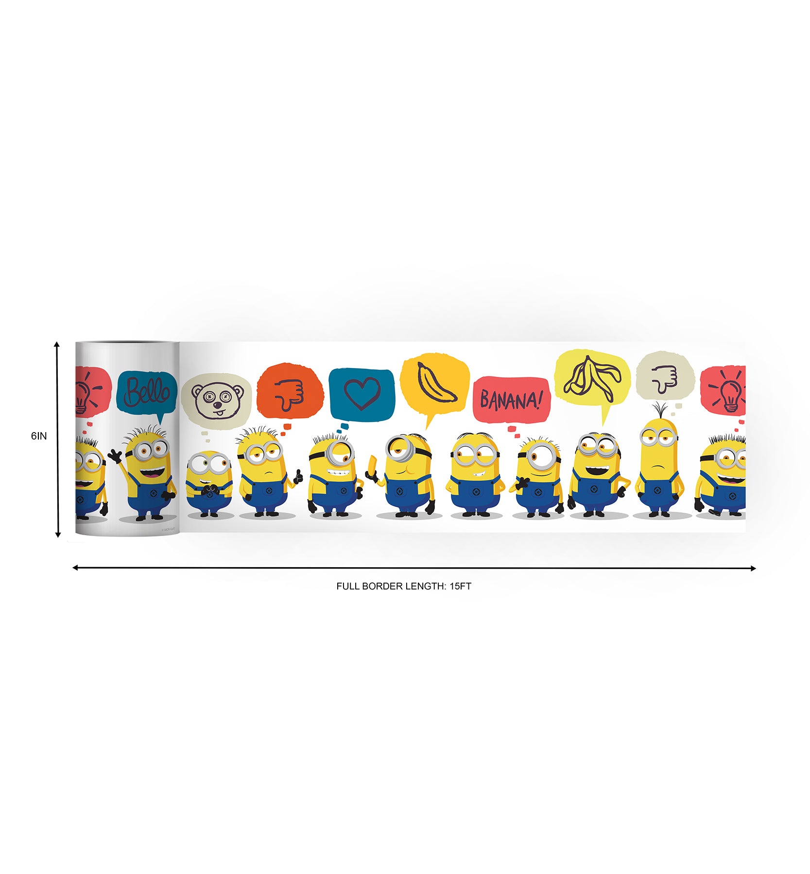 A person peels back a sheet from the WallPops Universal Studios Minions Better Together Border on a rustic wooden surface. The border features bright, playful designs including Minions characters, cartoon bananas, hearts, thumbs down icons, the word “BANANA,” and bear faces.