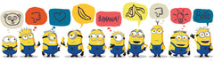 A person peels back a sheet from the WallPops Universal Studios Minions Better Together Border on a rustic wooden surface. The border features bright, playful designs including Minions characters, cartoon bananas, hearts, thumbs down icons, the word “BANANA,” and bear faces.