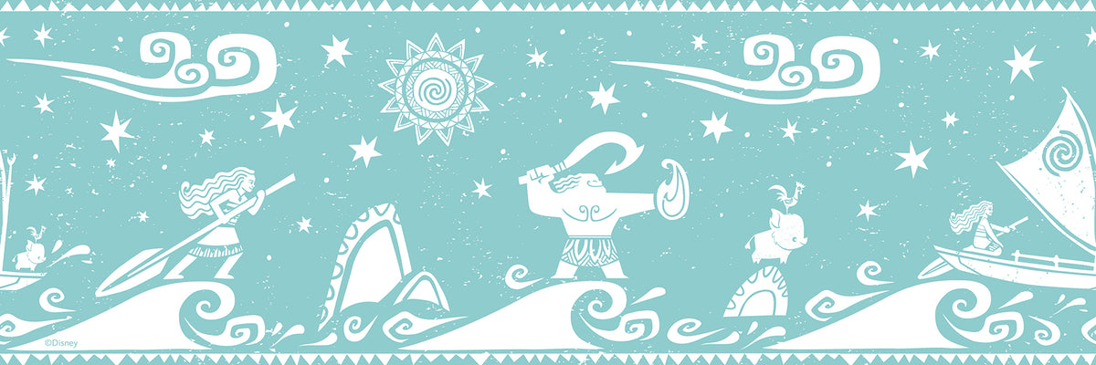 A bathroom with white cabinets, a round sink, and a wood-framed mirror. A plant in a basket, folded towels, and seashells are beside the sink. The blue wall features the Disney Moana Sail By The Stars Border by WallPops, adding whimsical aqua and white ocean motifs with playful peel-and-stick decals. Light streams in from the right.