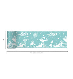 A bathroom with white cabinets, a round sink, and a wood-framed mirror. A plant in a basket, folded towels, and seashells are beside the sink. The blue wall features the Disney Moana Sail By The Stars Border by WallPops, adding whimsical aqua and white ocean motifs with playful peel-and-stick decals. Light streams in from the right.