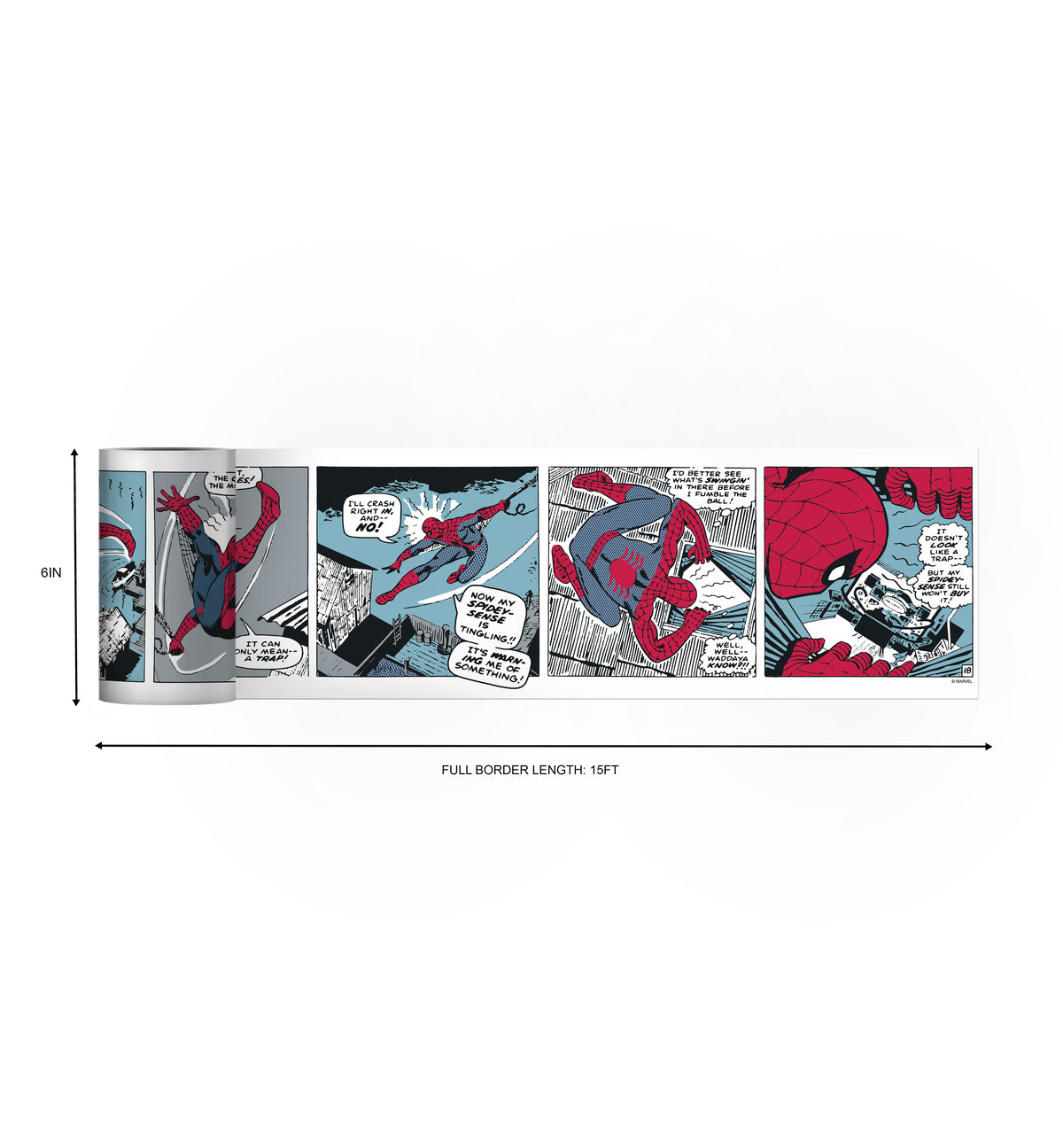 Spider-Man Comic Borders by WallPops showcase Spider-Man swinging over water on his webs, sensing danger before diving toward a villain targeting a boat. He flips in midair, dodging bullets as onlookers watch the suspense unfold. The dynamic scene features cityscapes and choppy waves with subtle Rustic Design details—like distressed barn wood textures seamlessly blended into the skyline—adding unique depth to your decor.