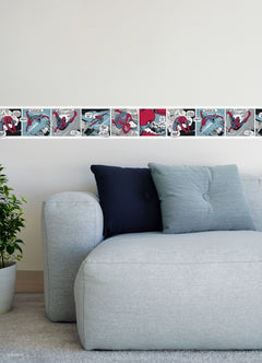 Spider-Man Comic Borders by WallPops showcase Spider-Man swinging over water on his webs, sensing danger before diving toward a villain targeting a boat. He flips in midair, dodging bullets as onlookers watch the suspense unfold. The dynamic scene features cityscapes and choppy waves with subtle Rustic Design details—like distressed barn wood textures seamlessly blended into the skyline—adding unique depth to your decor.