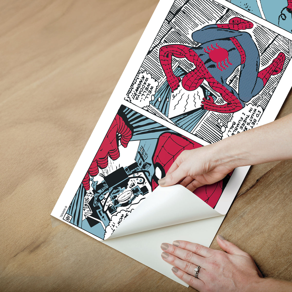 Spider-Man Comic Borders by WallPops showcase Spider-Man swinging over water on his webs, sensing danger before diving toward a villain targeting a boat. He flips in midair, dodging bullets as onlookers watch the suspense unfold. The dynamic scene features cityscapes and choppy waves with subtle Rustic Design details—like distressed barn wood textures seamlessly blended into the skyline—adding unique depth to your decor.