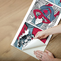 Spider-Man Comic Borders by WallPops showcase Spider-Man swinging over water on his webs, sensing danger before diving toward a villain targeting a boat. He flips in midair, dodging bullets as onlookers watch the suspense unfold. The dynamic scene features cityscapes and choppy waves with subtle Rustic Design details—like distressed barn wood textures seamlessly blended into the skyline—adding unique depth to your decor.