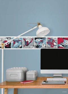 Spider-Man Comic Borders by WallPops showcase Spider-Man swinging over water on his webs, sensing danger before diving toward a villain targeting a boat. He flips in midair, dodging bullets as onlookers watch the suspense unfold. The dynamic scene features cityscapes and choppy waves with subtle Rustic Design details—like distressed barn wood textures seamlessly blended into the skyline—adding unique depth to your decor.