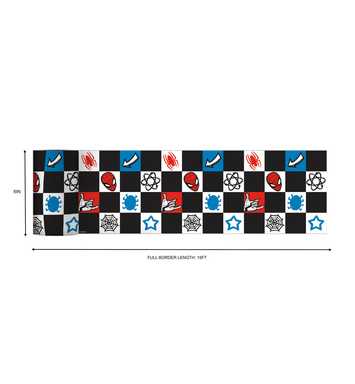 Spider-Man Checker Borders by WallPops features a dynamic checkerboard pattern with Spider-Man heads, red spiders, blue virus icons, comic-style arrows, white stars, web-shooting hands, black atom symbols, and webs across bold black, white, blue, and red squares. Inspired by rustic elements and distressed barn wood textures for enhanced character and style, this eye-catching peel-and-stick border brings a pop-art vibe to any space.