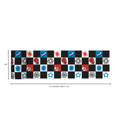 Spider-Man Checker Borders by WallPops features a dynamic checkerboard pattern with Spider-Man heads, red spiders, blue virus icons, comic-style arrows, white stars, web-shooting hands, black atom symbols, and webs across bold black, white, blue, and red squares. Inspired by rustic elements and distressed barn wood textures for enhanced character and style, this eye-catching peel-and-stick border brings a pop-art vibe to any space.