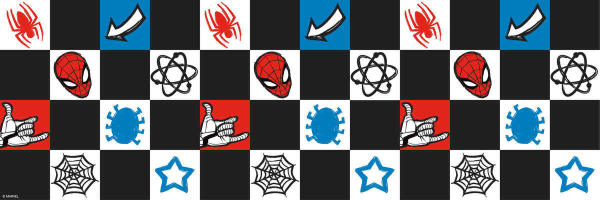 Spider-Man Checker Borders by WallPops features a dynamic checkerboard pattern with Spider-Man heads, red spiders, blue virus icons, comic-style arrows, white stars, web-shooting hands, black atom symbols, and webs across bold black, white, blue, and red squares. Inspired by rustic elements and distressed barn wood textures for enhanced character and style, this eye-catching peel-and-stick border brings a pop-art vibe to any space.