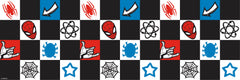 Spider-Man Checker Borders by WallPops features a dynamic checkerboard pattern with Spider-Man heads, red spiders, blue virus icons, comic-style arrows, white stars, web-shooting hands, black atom symbols, and webs across bold black, white, blue, and red squares. Inspired by rustic elements and distressed barn wood textures for enhanced character and style, this eye-catching peel-and-stick border brings a pop-art vibe to any space.