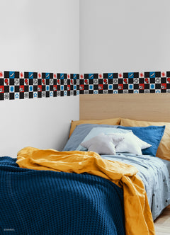 Spider-Man Checker Borders by WallPops features a dynamic checkerboard pattern with Spider-Man heads, red spiders, blue virus icons, comic-style arrows, white stars, web-shooting hands, black atom symbols, and webs across bold black, white, blue, and red squares. Inspired by rustic elements and distressed barn wood textures for enhanced character and style, this eye-catching peel-and-stick border brings a pop-art vibe to any space.