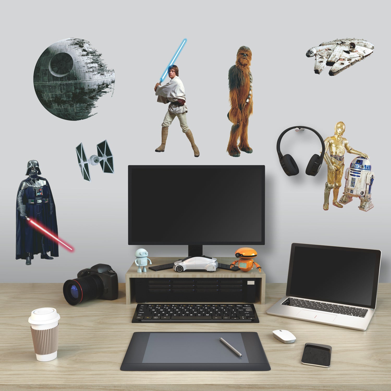 Bring intergalactic style to any space with the WallPops Star Wars Classic Wall Decals. This set features four panels filled with a variety of stickers showcasing iconic Star Wars characters and vehicles—including Darth Vader, Luke Skywalker, Princess Leia, C-3PO, R2-D2, Chewbacca, Yoda, stormtroopers, spaceships, and the Death Star—all on a crisp white background. These peel and stick decals offer an easy way to customize your walls with Galactic flair while adding a touch of rustic charm.