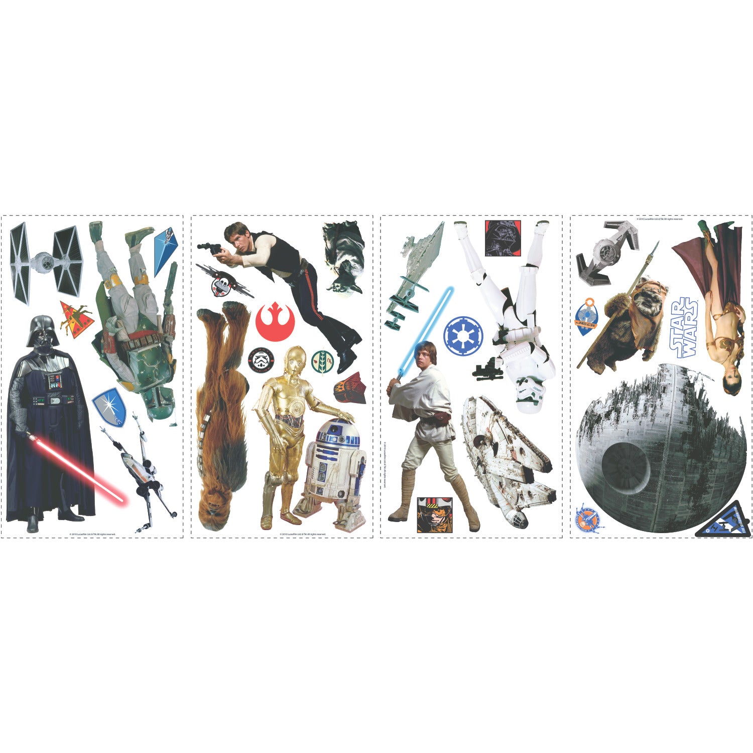 Bring intergalactic style to any space with the WallPops Star Wars Classic Wall Decals. This set features four panels filled with a variety of stickers showcasing iconic Star Wars characters and vehicles—including Darth Vader, Luke Skywalker, Princess Leia, C-3PO, R2-D2, Chewbacca, Yoda, stormtroopers, spaceships, and the Death Star—all on a crisp white background. These peel and stick decals offer an easy way to customize your walls with Galactic flair while adding a touch of rustic charm.