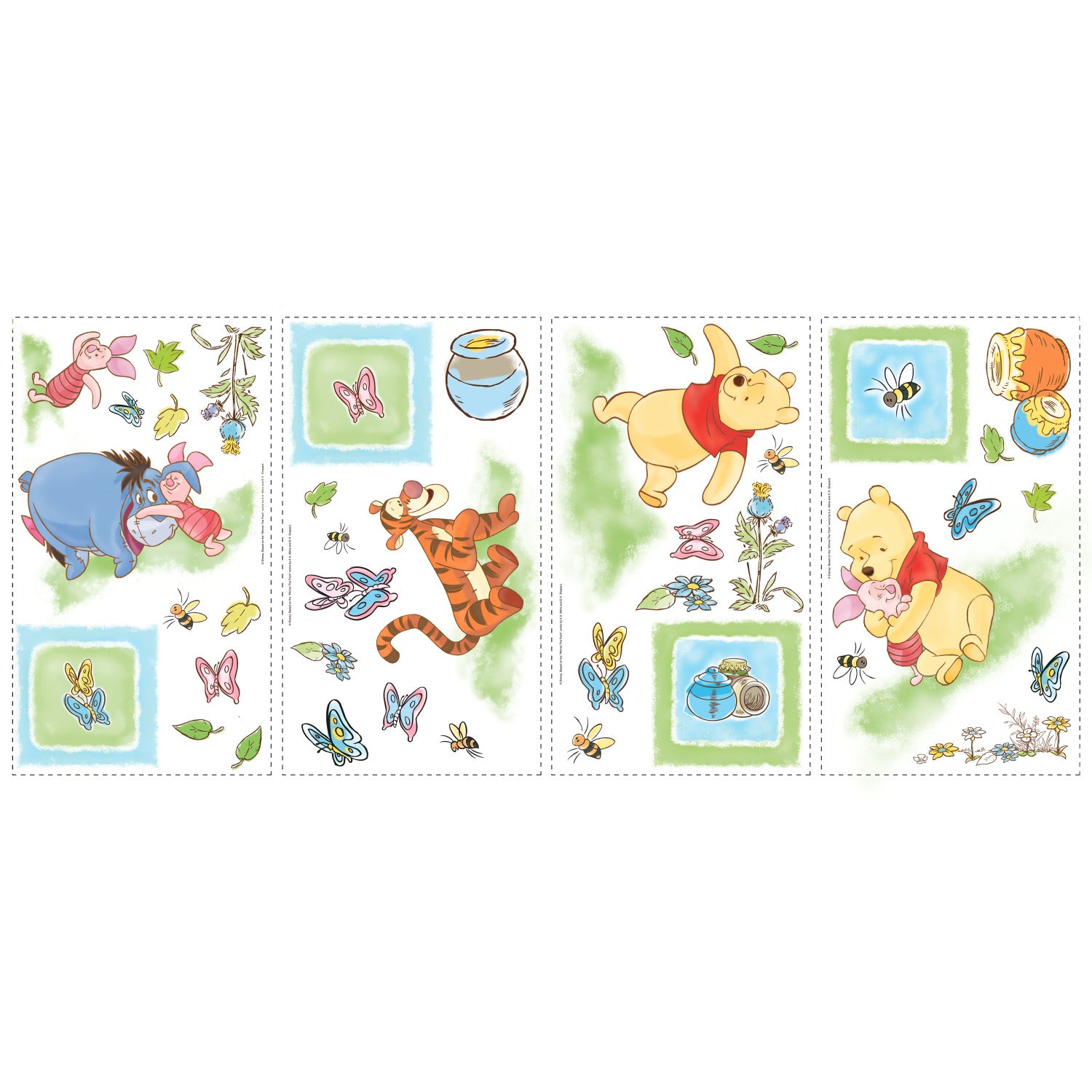 Decorate any room with Disney Winnie the Pooh Wall Decals by WallPops, featuring four panels with cheerful scenes of Winnie the Pooh, Tigger, Eeyore, and Piglet surrounded by butterflies, bees, honey pots, and flowers. Each character is playfully smiling in a soft and colorful cartoon style against a crisp white background. The rustic design evokes the charm of distressed barn wood, making these peel and stick wall decals a cozy and inviting addition to your space.