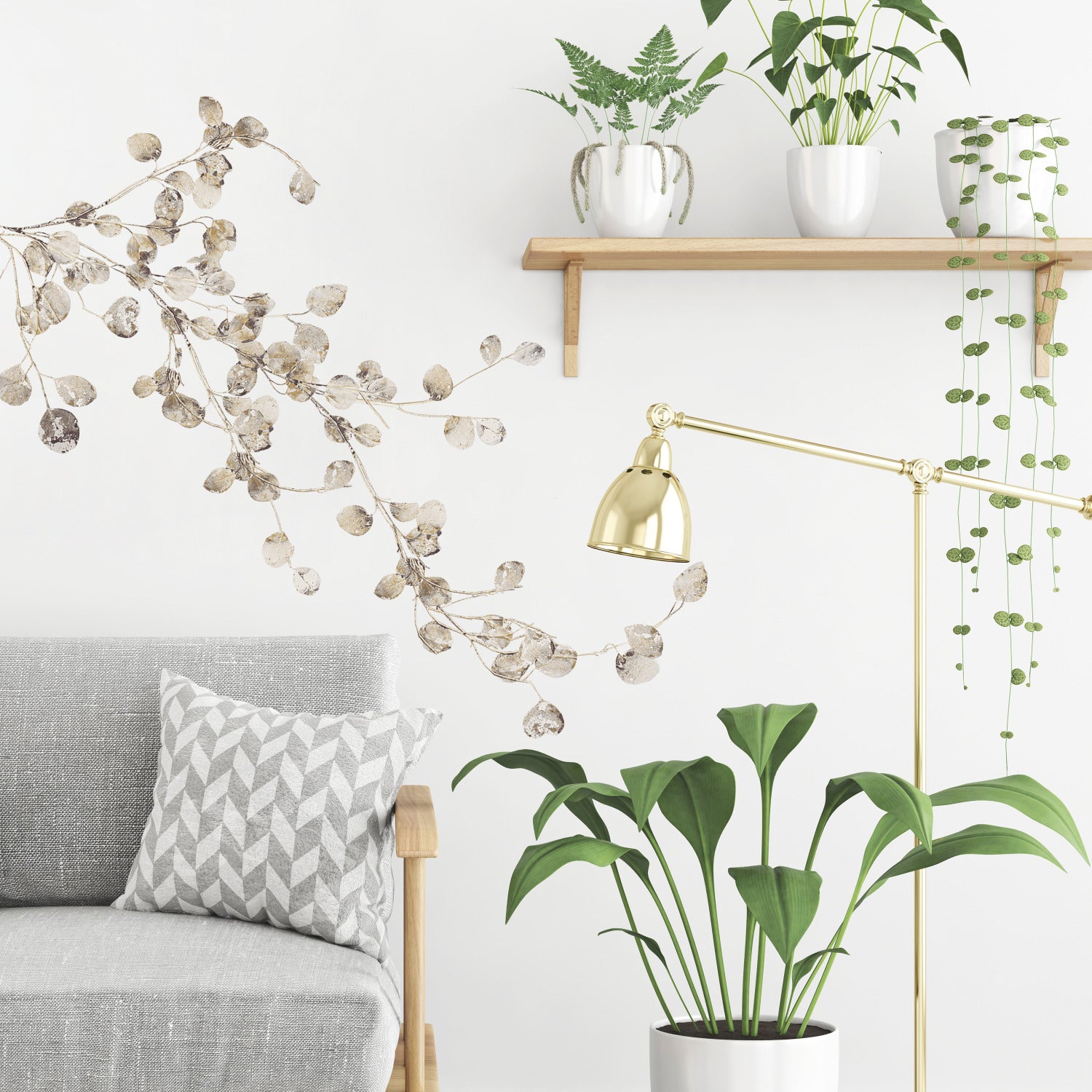 Silver Dollar Branch Wall Decals in a room setting