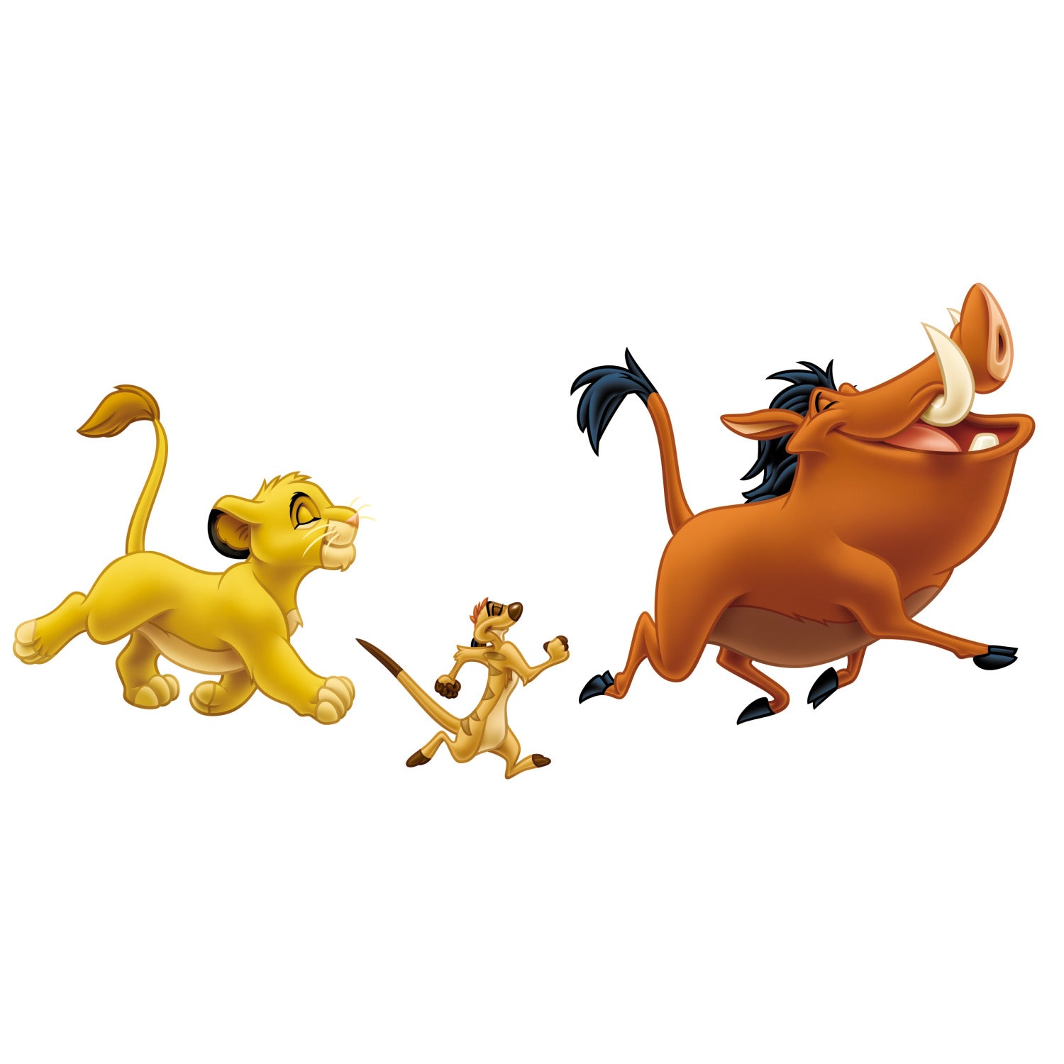 WallPops Disney The Lion King Giant Wall Decals featuring Simba, Timon, and Pumbaa are displayed on a beige wall above a blue rug. A yellow beanbag rests on a wooden floor with a distressed barn wood texture, enhancing the rustic charm of the room, while part of a white ladder appears in the foreground.