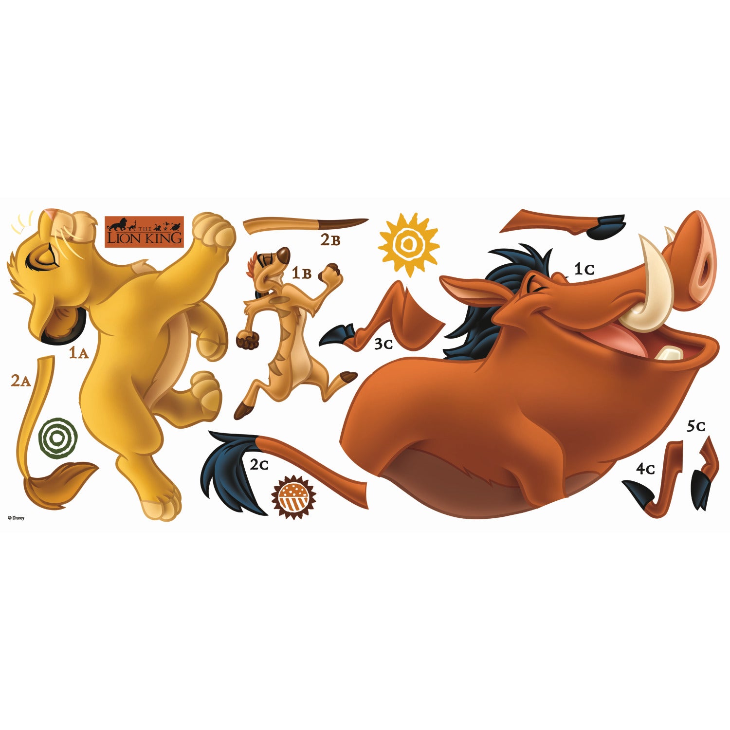 WallPops Disney The Lion King Giant Wall Decals featuring Simba, Timon, and Pumbaa are displayed on a beige wall above a blue rug. A yellow beanbag rests on a wooden floor with a distressed barn wood texture, enhancing the rustic charm of the room, while part of a white ladder appears in the foreground.