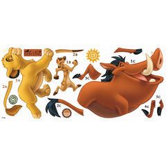 WallPops Disney The Lion King Giant Wall Decals featuring Simba, Timon, and Pumbaa are displayed on a beige wall above a blue rug. A yellow beanbag rests on a wooden floor with a distressed barn wood texture, enhancing the rustic charm of the room, while part of a white ladder appears in the foreground.