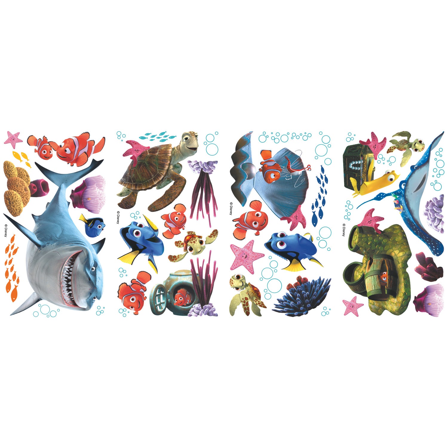 Bring a splash of undersea adventure to your space with Disney Pixar Finding Nemo Wall Decals by WallPops—featuring peel and stick designs of Nemo, Marlin, Dory, Bruce the shark, Crush the turtle, sea anemones, starfish, shells, purple coral, and playful bubbles—all on a crisp white background for easy and fun decorating.