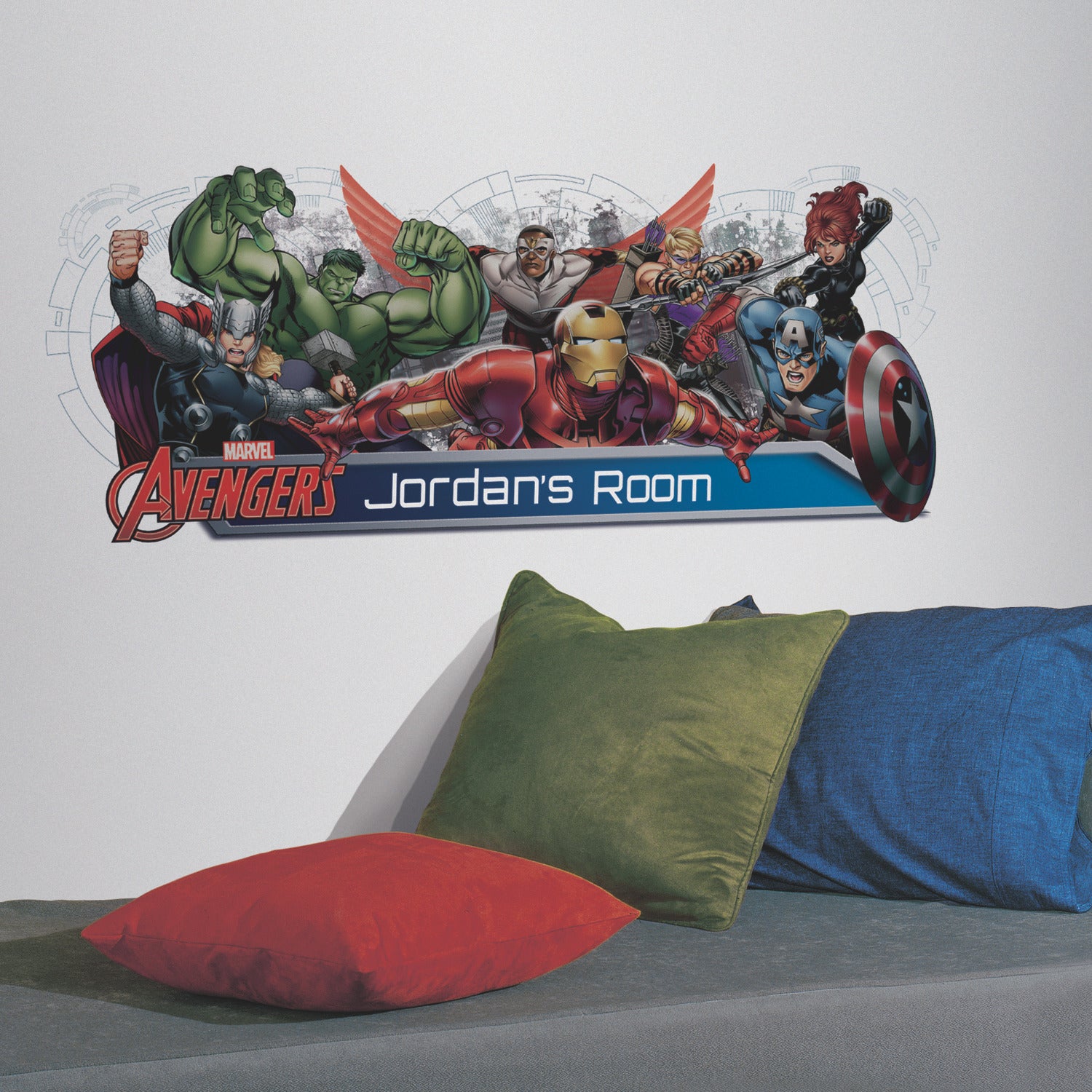 Avengers Assemble Personalization Headboard Wall Decals in a room setting