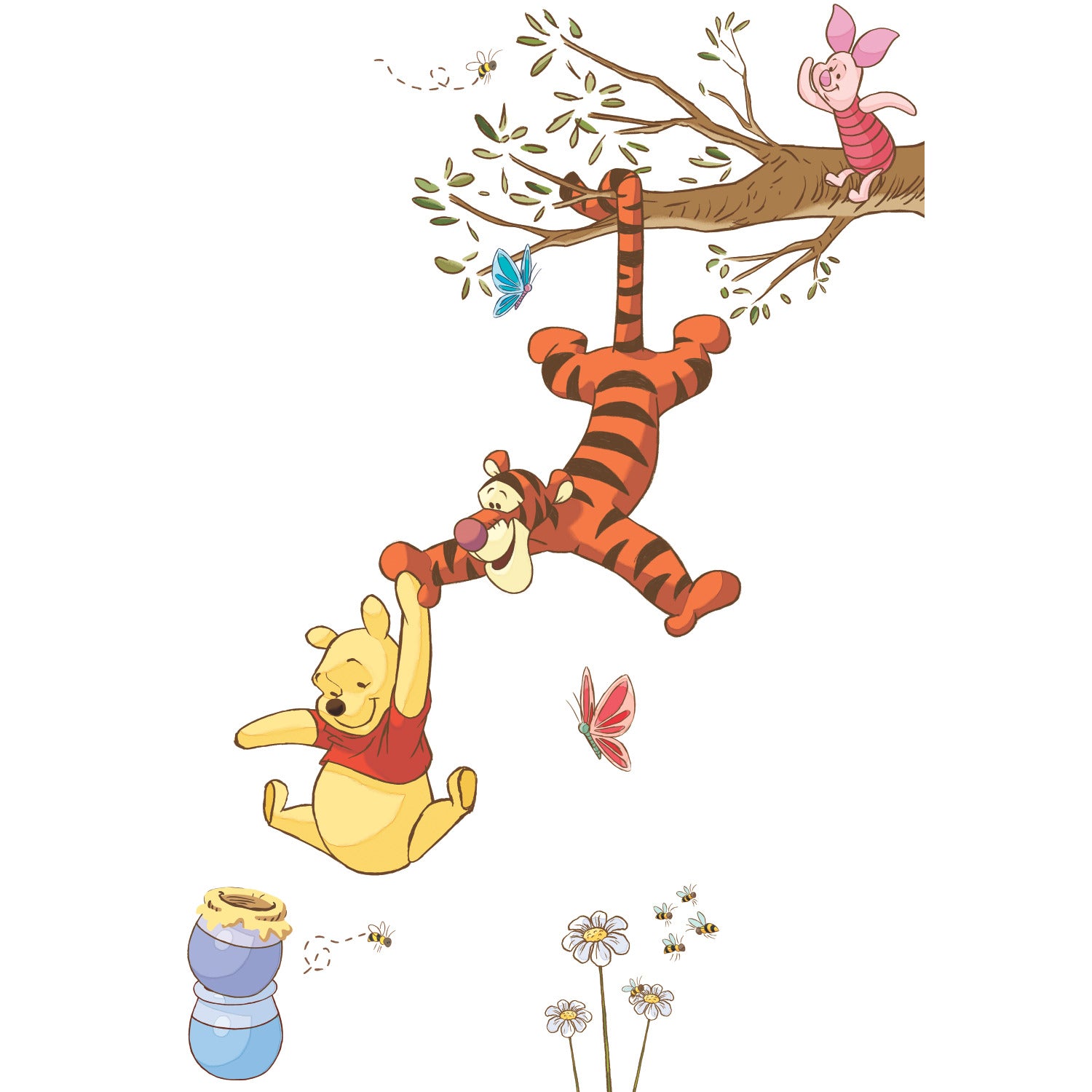 Winnie the Pooh dangles from Tigger’s tail, reaching for a falling honey pot, while Tigger hangs upside down from a tree branch as Piglet looks on above. Blue and red butterflies flutter nearby, and daisies grow below, creating a cheerful scene. The Disney Winnie the Pooh Swinging for Honey Giant Wall Decals by WallPops features these charming characters with rustic design elements—perfect for peel and stick wall decals or as accents on distressed barn wood décor to bring warmth to any room.