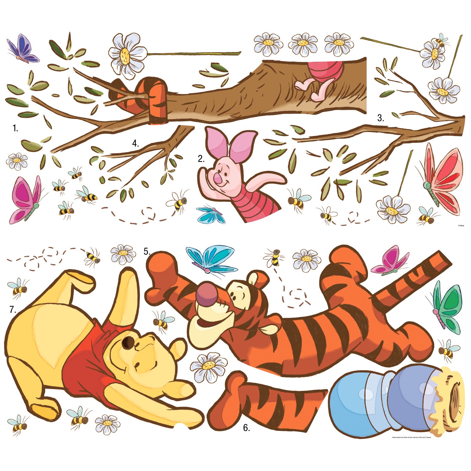 Winnie the Pooh dangles from Tigger’s tail, reaching for a falling honey pot, while Tigger hangs upside down from a tree branch as Piglet looks on above. Blue and red butterflies flutter nearby, and daisies grow below, creating a cheerful scene. The Disney Winnie the Pooh Swinging for Honey Giant Wall Decals by WallPops features these charming characters with rustic design elements—perfect for peel and stick wall decals or as accents on distressed barn wood décor to bring warmth to any room.