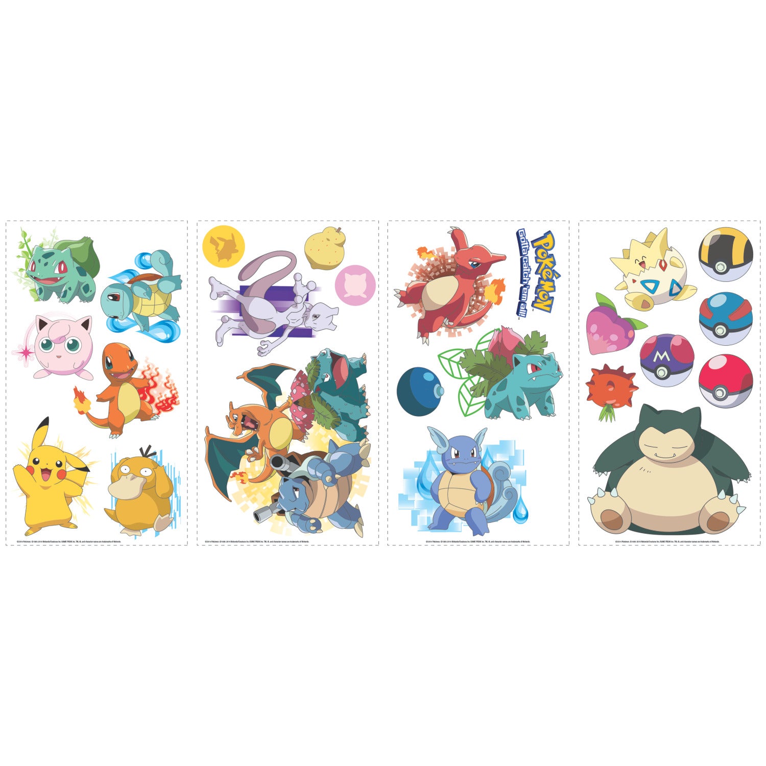 Add some playful style to your space with WallPops Pokémon Iconic Wall Decals. This set includes four panels of colorful peel and stick wall decals featuring beloved Pokémon like Bulbasaur, Jigglypuff, Pikachu, Charmander, Psyduck, Butterfree, Charizard, Blastoise, Venusaur, Togepi, Poké Balls, and Snorlax arranged on crisp white backgrounds—making it easy and fun for any fan to decorate.
