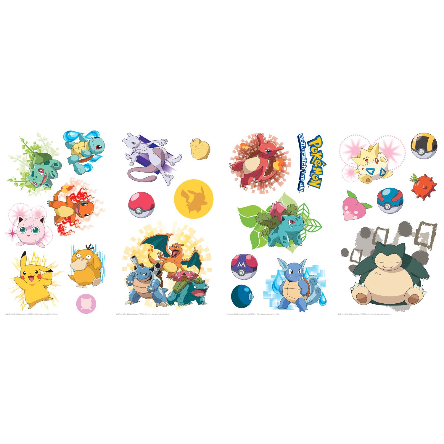 Add some playful style to your space with WallPops Pokémon Iconic Wall Decals. This set includes four panels of colorful peel and stick wall decals featuring beloved Pokémon like Bulbasaur, Jigglypuff, Pikachu, Charmander, Psyduck, Butterfree, Charizard, Blastoise, Venusaur, Togepi, Poké Balls, and Snorlax arranged on crisp white backgrounds—making it easy and fun for any fan to decorate.