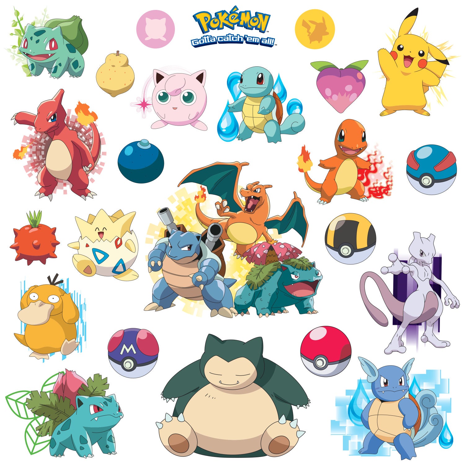 Add some playful style to your space with WallPops Pokémon Iconic Wall Decals. This set includes four panels of colorful peel and stick wall decals featuring beloved Pokémon like Bulbasaur, Jigglypuff, Pikachu, Charmander, Psyduck, Butterfree, Charizard, Blastoise, Venusaur, Togepi, Poké Balls, and Snorlax arranged on crisp white backgrounds—making it easy and fun for any fan to decorate.