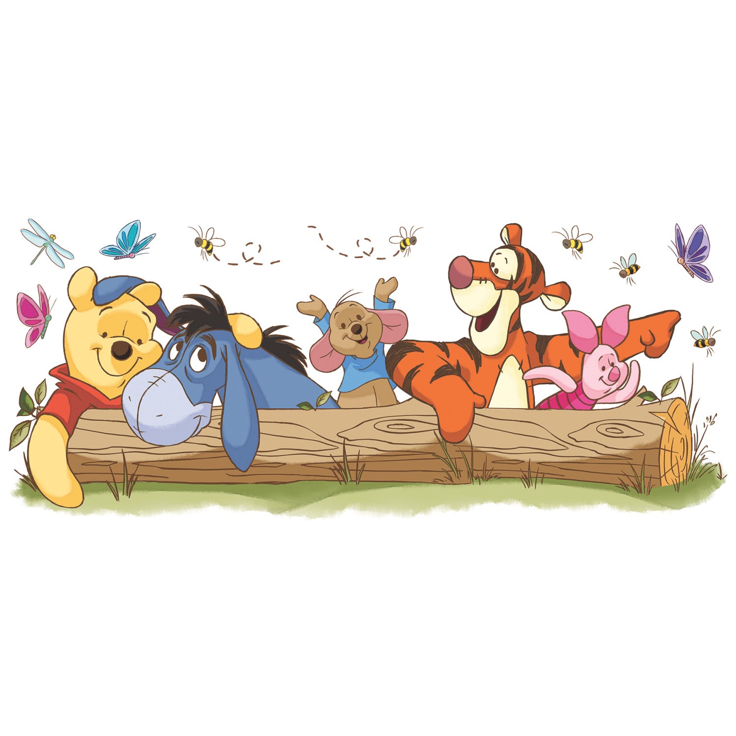 A child’s bedroom with a bed featuring yellow and green bedding. On the light blue wall, Disney Winnie the Pooh Pooh and Friends Outdoor Fun Giant Wall Decals by WallPops display large peel-and-stick images of Winnie the Pooh, Eeyore, Piglet, Tigger, and Roo leaning on a log surrounded by butterflies and bees. A white lamp and clock are placed on the bedside table.